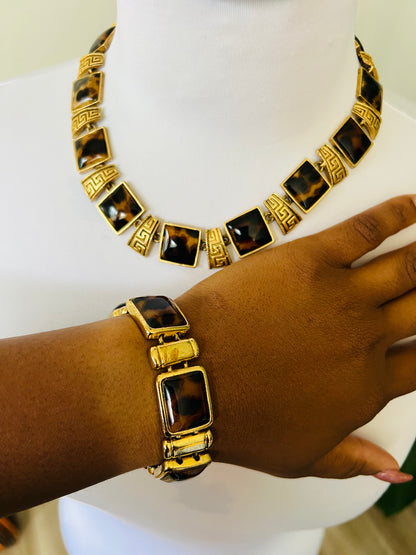 Vintage gold and animal print necklace bracelet set
