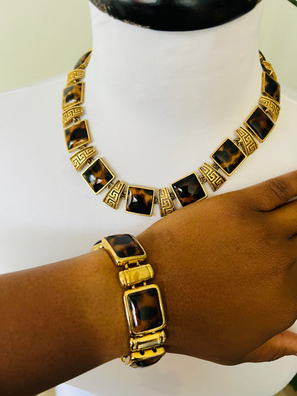 Vintage gold and animal print necklace bracelet set
